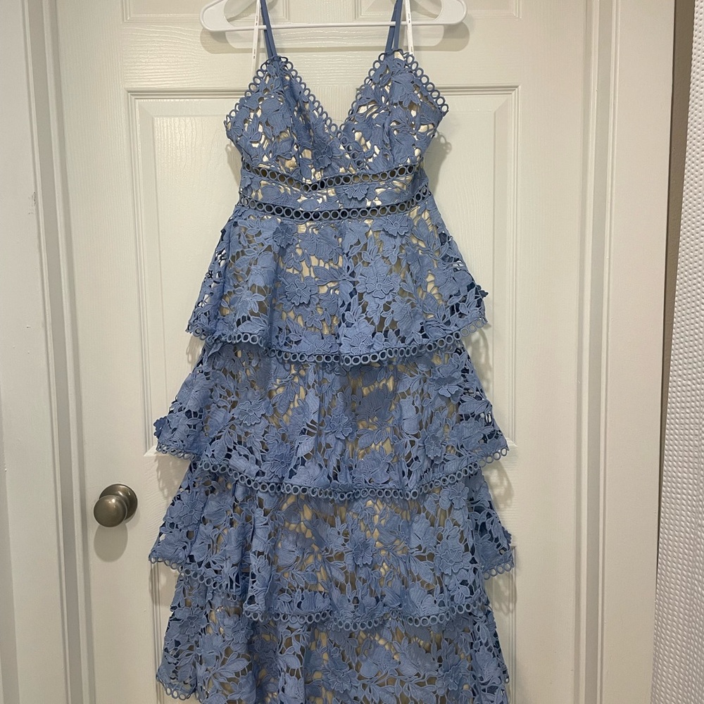 VICI Forever With You Crochet Floral Midi Dress - Dusty Blue